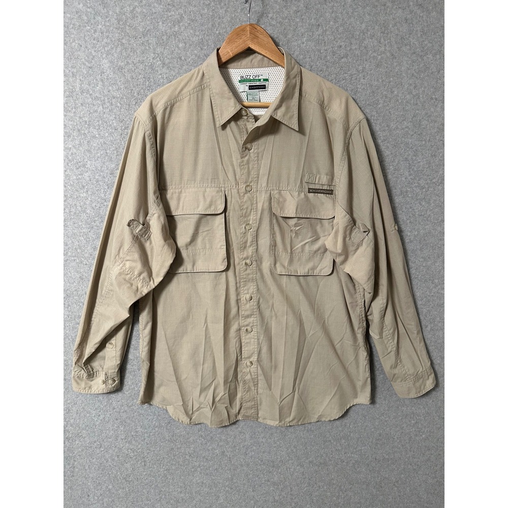 ExOfficio Fishing Shirt Mens Large Khaki Buzz Off Insect Shield Long Sleeve